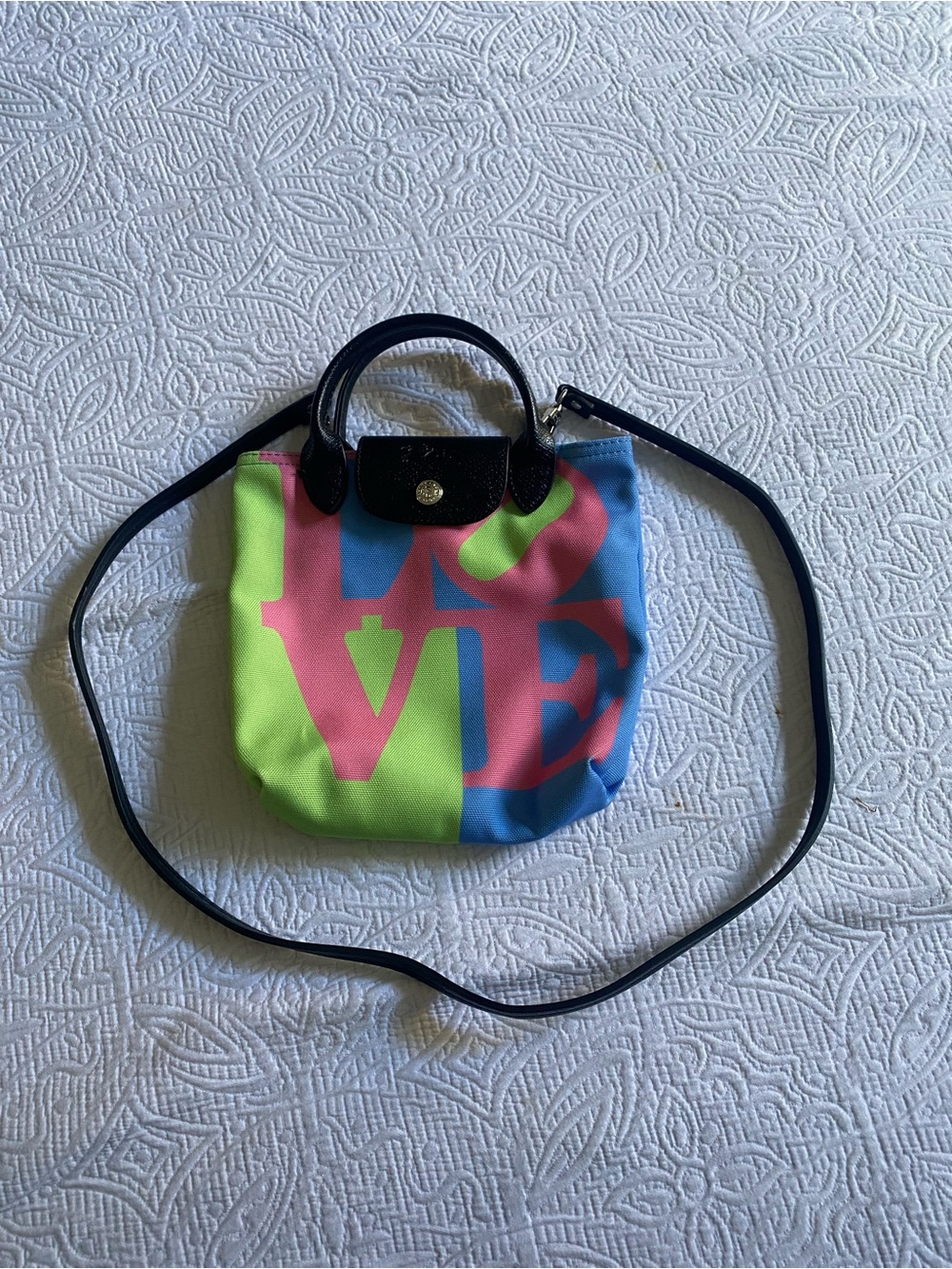 Longchamp Neon LOVE Print Crossbody in Green, Pink & Blue
